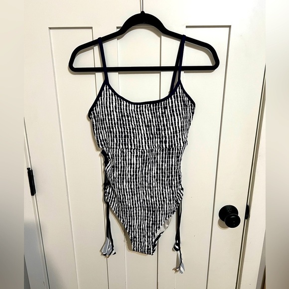 Anne Cole Studio Don't Smock Me One-Piece Swimsuit blue/white tie side size 10 - Picture 4 of 8
